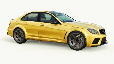 Hızlı spor araba renk altın beyaz bir arka plan üzerinde metalik süper. Vücut şekli sedan. Ayarlama, sıradan bir aile otomobili bir sürümüdür. 3D render.