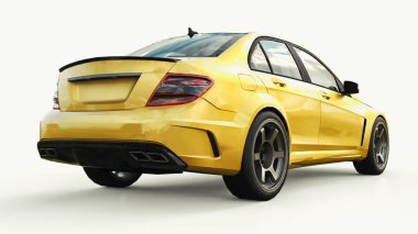 Hızlı spor araba renk altın beyaz bir arka plan üzerinde metalik süper. Vücut şekli sedan. Ayarlama, sıradan bir aile otomobili bir sürümüdür. 3D render