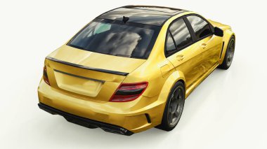 Hızlı spor araba renk altın beyaz bir arka plan üzerinde metalik süper. Vücut şekli sedan. Ayarlama, sıradan bir aile otomobili bir sürümüdür. 3D render