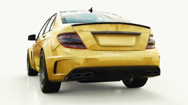 Hızlı spor araba renk altın beyaz bir arka plan üzerinde metalik süper. Vücut şekli sedan. Ayarlama, sıradan bir aile otomobili bir sürümüdür. 3D render