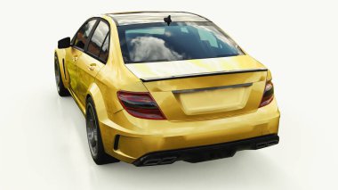 Hızlı spor araba renk altın beyaz bir arka plan üzerinde metalik süper. Vücut şekli sedan. Ayarlama, sıradan bir aile otomobili bir sürümüdür. 3D render.