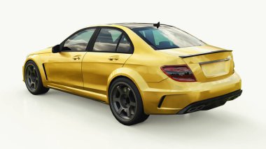 Hızlı spor araba renk altın beyaz bir arka plan üzerinde metalik süper. Vücut şekli sedan. Ayarlama, sıradan bir aile otomobili bir sürümüdür. 3D render.