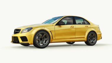 Hızlı spor araba renk altın beyaz bir arka plan üzerinde metalik süper. Vücut şekli sedan. Ayarlama, sıradan bir aile otomobili bir sürümüdür. 3D render.