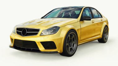 Hızlı spor araba renk altın beyaz bir arka plan üzerinde metalik süper. Vücut şekli sedan. Ayarlama, sıradan bir aile otomobili bir sürümüdür. 3D render.