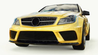 Hızlı spor araba renk altın beyaz bir arka plan üzerinde metalik süper. Vücut şekli sedan. Ayarlama, sıradan bir aile otomobili bir sürümüdür. 3D render.