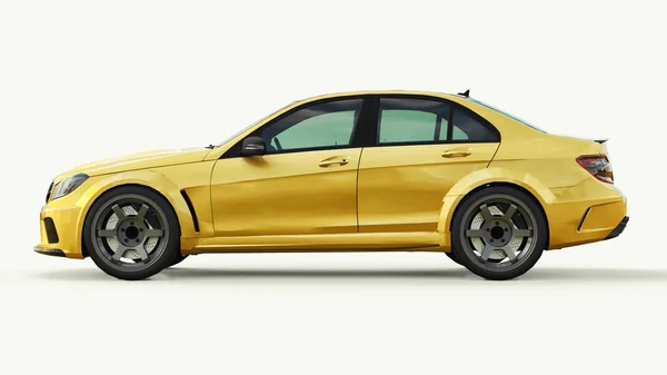 Super fast sports car color gold metallic on a white background. Body shape sedan. Tuning is a version of an ordinary family car. 3d rendering.