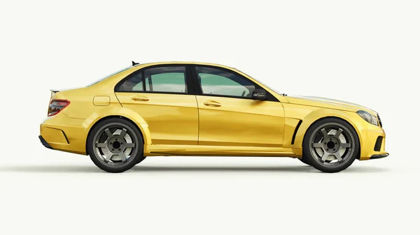 Super rápido coche deportivo color oro metálico sobre un fondo blanco. Forma del cuerpo sedán. Tuning es una versión de un coche familiar ordinario. renderizado 3d . — Foto de Stock