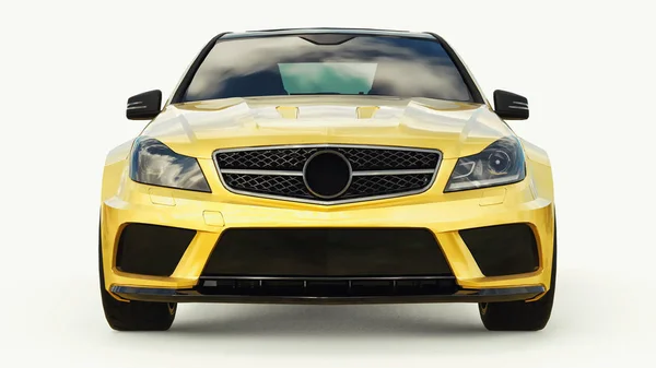 Super veloce sport auto colore oro metallizzato su uno sfondo bianco. Una berlina in forma. Tuning è una versione di una normale auto di famiglia. rendering 3d . — Foto Stock