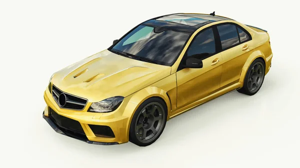 Super fast sports car color gold metallic on a white background. Body shape sedan. Tuning is a version of an ordinary family car. 3d rendering.