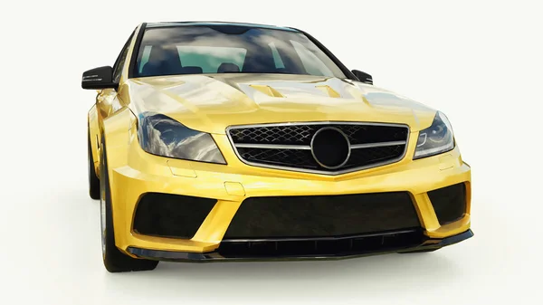 Σούπερ γρήγορο σπορ αυτοκίνητο χρώμα χρυσό μεταλλικό σε λευκό φόντο. Σώμα σχήμα sedan. Tuning είναι μια έκδοση του ένα συνηθισμένο οικογενειακό αυτοκίνητο. 3D rendering. — Φωτογραφία Αρχείου