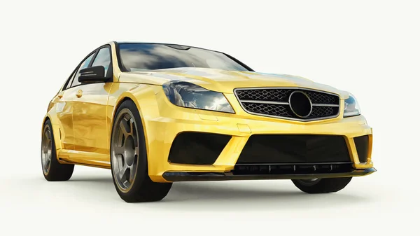 Σούπερ γρήγορο σπορ αυτοκίνητο χρώμα χρυσό μεταλλικό σε λευκό φόντο. Σώμα σχήμα sedan. Tuning είναι μια έκδοση του ένα συνηθισμένο οικογενειακό αυτοκίνητο. 3D rendering. — Φωτογραφία Αρχείου