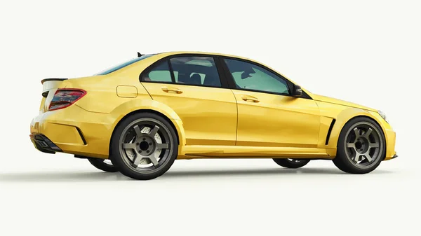 Super rápido coche deportivo color oro metálico sobre un fondo blanco. Forma del cuerpo sedán. Tuning es una versión de un coche familiar ordinario. renderizado 3d . — Foto de Stock