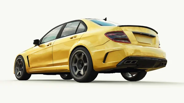 Super rápido coche deportivo color oro metálico sobre un fondo blanco. Forma del cuerpo sedán. Tuning es una versión de un coche familiar ordinario. renderizado 3d . — Foto de Stock