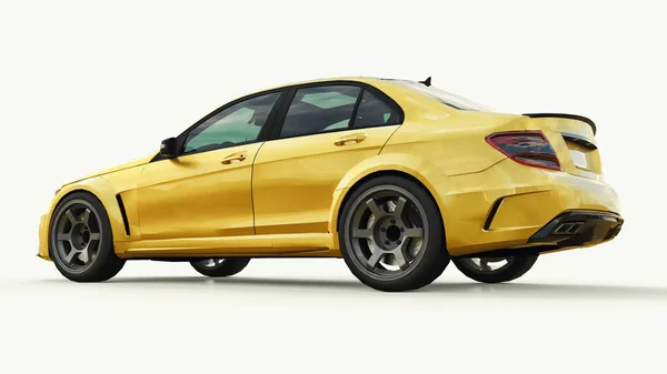 Superschnelle Sportwagenfarbe Gold-Metallic auf weißem Hintergrund. Karosserieform Limousine. Tuning ist eine Version eines gewöhnlichen Familienautos. 3D-Darstellung. — Stockfoto