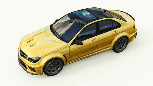 Супер швидкий спортивний автомобіль кольору золотий метал на білому тлі. Седан форми тіла. Налаштування - це версія звичайного сімейного автомобіля. 3D візуалізація . — стокове фото