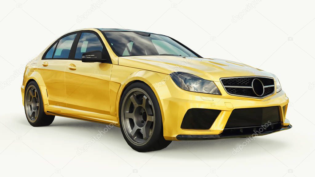 Super fast sports car color gold metallic on a white background. Body shape sedan. Tuning is a version of an ordinary family car. 3d rendering.