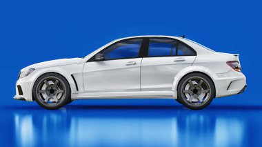 Süper hızlı beyaz spor araba mavi bir arka plan üzerinde. Vücut şekli sedan. Ayarlama, sıradan bir aile otomobili bir sürümüdür. 3D render