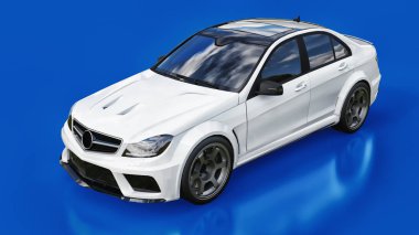 Süper hızlı beyaz spor araba mavi bir arka plan üzerinde. Vücut şekli sedan. Ayarlama, sıradan bir aile otomobili bir sürümüdür. 3D render