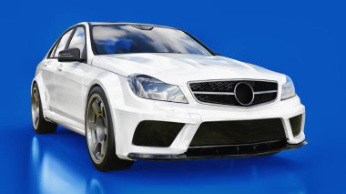 Süper hızlı beyaz spor araba mavi bir arka plan üzerinde. Vücut şekli sedan. Ayarlama, sıradan bir aile otomobili bir sürümüdür. 3D render