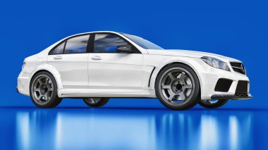 Süper hızlı beyaz spor araba mavi bir arka plan üzerinde. Vücut şekli sedan. Ayarlama, sıradan bir aile otomobili bir sürümüdür. 3D render