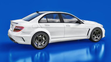 Süper hızlı beyaz spor araba mavi bir arka plan üzerinde. Vücut şekli sedan. Ayarlama, sıradan bir aile otomobili bir sürümüdür. 3D render