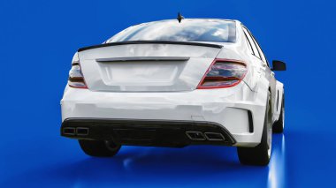 Süper hızlı beyaz spor araba mavi bir arka plan üzerinde. Vücut şekli sedan. Ayarlama, sıradan bir aile otomobili bir sürümüdür. 3D render