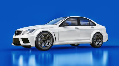 Süper hızlı beyaz spor araba mavi bir arka plan üzerinde. Vücut şekli sedan. Ayarlama, sıradan bir aile otomobili bir sürümüdür. 3D render
