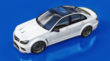 Süper hızlı beyaz spor araba mavi bir arka plan üzerinde. Vücut şekli sedan. Ayarlama, sıradan bir aile otomobili bir sürümüdür. 3D render