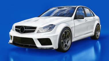 Süper hızlı beyaz spor araba mavi bir arka plan üzerinde. Vücut şekli sedan. Ayarlama, sıradan bir aile otomobili bir sürümüdür. 3D render
