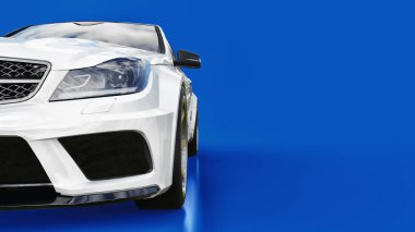 Süper hızlı beyaz spor araba mavi bir arka plan üzerinde. Vücut şekli sedan. Ayarlama, sıradan bir aile otomobili bir sürümüdür. 3D render