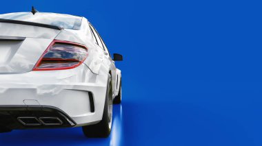 Süper hızlı beyaz spor araba mavi bir arka plan üzerinde. Vücut şekli sedan. Ayarlama, sıradan bir aile otomobili bir sürümüdür. 3D render