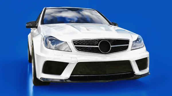 Superschneller Weißer Sportwagen Auf Blauem Hintergrund Karosserieform Limousine Tuning Ist — Stockfoto