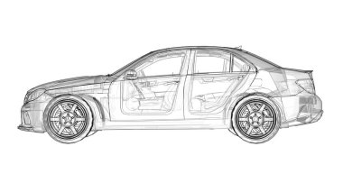 Şeffaf süper hızlı spor arabası satırlarında beyaz bir arka plan belirlendi. Vücut şekli sedan. Ayarlama, sıradan bir aile otomobili bir sürümüdür. 3D render