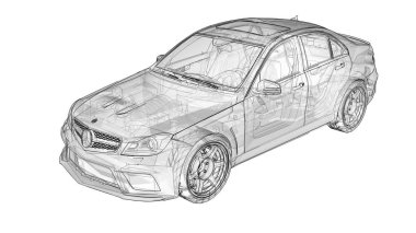 Şeffaf süper hızlı spor arabası satırlarında beyaz bir arka plan belirlendi. Vücut şekli sedan. Ayarlama, sıradan bir aile otomobili bir sürümüdür. 3D render
