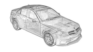 Şeffaf süper hızlı spor arabası satırlarında beyaz bir arka plan belirlendi. Vücut şekli sedan. Ayarlama, sıradan bir aile otomobili bir sürümüdür. 3D render