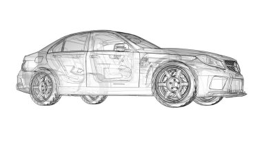 Şeffaf süper hızlı spor arabası satırlarında beyaz bir arka plan belirlendi. Vücut şekli sedan. Ayarlama, sıradan bir aile otomobili bir sürümüdür. 3D render