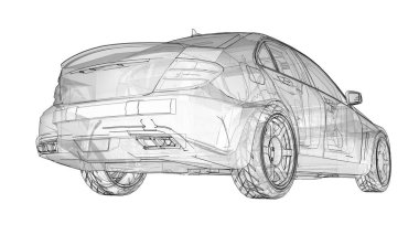 Şeffaf süper hızlı spor arabası satırlarında beyaz bir arka plan belirlendi. Vücut şekli sedan. Ayarlama, sıradan bir aile otomobili bir sürümüdür. 3D render