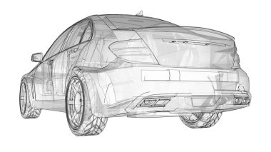 Şeffaf süper hızlı spor arabası satırlarında beyaz bir arka plan belirlendi. Vücut şekli sedan. Ayarlama, sıradan bir aile otomobili bir sürümüdür. 3D render