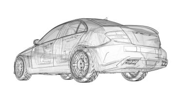 Şeffaf süper hızlı spor arabası satırlarında beyaz bir arka plan belirlendi. Vücut şekli sedan. Ayarlama, sıradan bir aile otomobili bir sürümüdür. 3D render