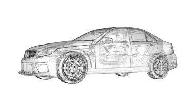 Şeffaf süper hızlı spor arabası satırlarında beyaz bir arka plan belirlendi. Vücut şekli sedan. Ayarlama, sıradan bir aile otomobili bir sürümüdür. 3D render