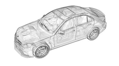 Şeffaf süper hızlı spor arabası satırlarında beyaz bir arka plan belirlendi. Vücut şekli sedan. Ayarlama, sıradan bir aile otomobili bir sürümüdür. 3D render