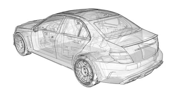Transparante Super Snelle Sportwagen Uitgestippelde Lijnen Een Witte Achtergrond Lichaam — Stockfoto