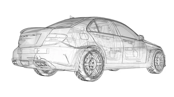 Transparent Supersnabb Sportbil Avgränsad Linjer Vit Bakgrund Kroppen Formen Sedan — Stockfoto
