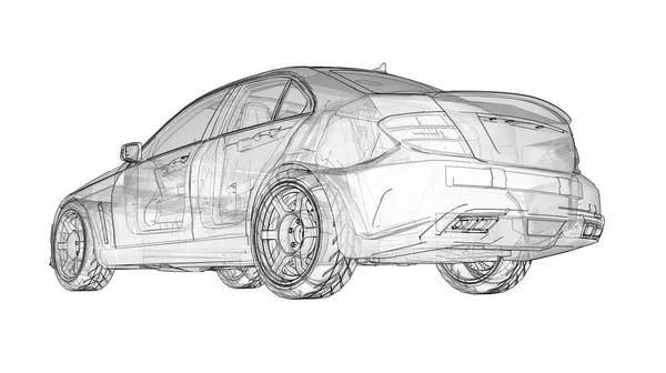 Transparante Super Snelle Sportwagen Uitgestippelde Lijnen Een Witte Achtergrond Lichaam — Stockfoto