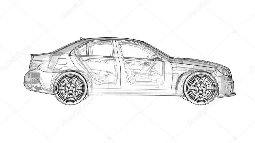 Transparent super fast sports car delineated lines on a white background. Body shape sedan. Tuning is a version of an ordinary family car. 3d rendering