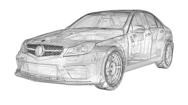 Şeffaf süper hızlı spor arabası satırlarında beyaz bir arka plan belirlendi. Vücut şekli sedan. Ayarlama, sıradan bir aile otomobili bir sürümüdür. 3D render