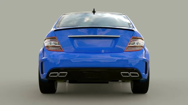 灰色の背景に青の超高速スポーツ車 ボディ形状セダン チューニングは 普通のファミリーカーのバージョンです レンダリング — ストック写真