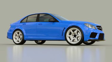 Gri zemin üzerine mavi süper hızlı spor araba. Vücut şekli sedan. Ayarlama, sıradan bir aile otomobili bir sürümüdür. 3D render.