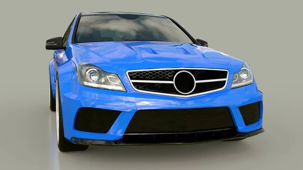 Blå super snabb sportbil på en grå bakgrund. Kroppen formen sedan. Tuning är en version av en vanlig familjebil. 3D-rendering. — Stockfoto