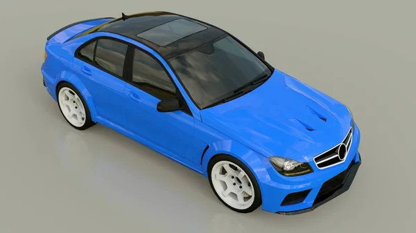 Azul super rápido carro esporte em um fundo cinza. Sedan em forma de corpo. Tuning é uma versão de um carro familiar comum. Renderização 3d . — Fotografia de Stock